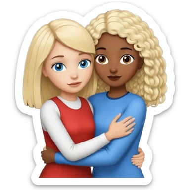 Girl best friends: one taller white girl with straight blond bob and blue eyesone shorter black girl with long black curly hair, hugging sticker