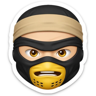angry ninja face emoji, classic yellow emoji style, all black ninja mask, no mouth, furrowed brows, black ninja headband tie sticker