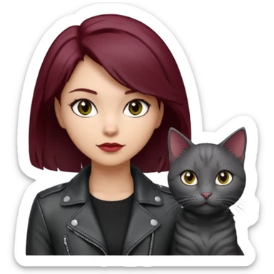 femme  yeux gris, cheveux court bordeaux, cuir noir, avec chat poils longs gris clair et chat poils ras noirs sticker