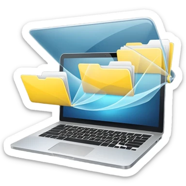 An open laptop with yellow folders containing data flying out. sticker