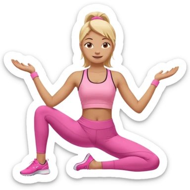 Mujer color de piel moreno claro con cabello rubio, usando un top rosa deportivo y leggins deportivo rosa en una pose de yoga, viendo hacia enfrente con ojos negros y sonriendo sin mostrar los dientes sticker