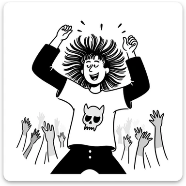 A person enthusiastically headbanging at a concert, wearing a band shirt with wild hair flying sticker
