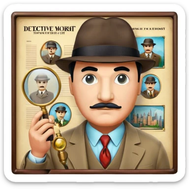 Icon for Detective Movies: A colorful collage featuring Detective Poirot, with a magnifying glass, revolver and a mysterious city backdrop. Include a board with photos of suspects, fingerprints, and a crime scene. Retro movie poster style. Transparent background. sticker