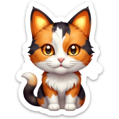 Cinematic Cute Calico Cat Portrait Emoji, Head tilted playfully with sparkling, inquisitive eyes and a charming patchwork fur of orange, black, and white, simplified yet irresistibly adorable, highly detailed, glowing with a warm, inviting glow, high shine, bubbly and affectionate, styled with a touch of whimsical feline charm, soft glowing outline, capturing the essence of a delightfully cute calico cat that looks as if it could prance off the screen into your heart! sticker
