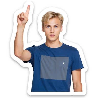 Flat pixel art, confident male leader, Caucasian, short neat blonde hair, sharp eyes, indigo T-shirt, one arm raised gicing direction, waist-up, front-facing sticker