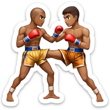 Cinematic Realistic Traditional Muay Thai Emoji, depicted as an intense dynamic martial arts scene featuring a fighter in traditional Muay Thai stance and attire, rendered with rich textures and energetic dramatic lighting that captures the sport's raw power. sticker