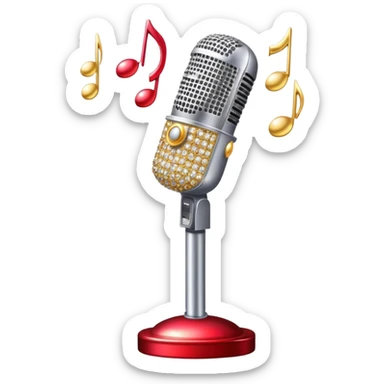 Create a glamorous and eye-catching emoji representing stage vocals, featuring a vintage stage microphone as the central element. Surround the microphone with a vibrant, sparkling stage costume covered in rhinestones, capturing the essence of a classic stage performance. The costume should be flashy, with shiny accents and a dazzling effect to evoke the energy and elegance of a live performance. Add subtle musical notes floating around to emphasize the connection to singing. Use bright, bold colors like gold, silver, and deep reds, along with glittering details to create a luxurious and dynamic atmosphere. The background should be transparent. sticker