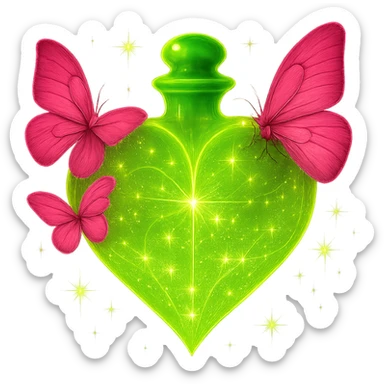 Make the entire bottle and butterflies glow much more intensely, with a very strong, radiant, magical neon shine. The glow should be especially bright around the bottle and butterflies, emphasizing the #c0ff53 color and pink butterflies. Keep the background transparent and all other details the same. sticker