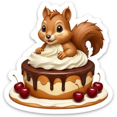 A large caramel custard decorated with chocolate and almonds to resemble a squirrel. Whipped cream with streaks of chocolate forms the shape of the squirrel's tail. It is topped with a cherry. sticker