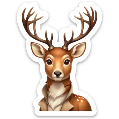 Cinematic Noble Deer Portrait Emoji, Poised and regal, with a graceful, slender build and a dappled coat of warm browns and creams, elegant antlers crowning its head, deep-set soulful gentle eyes, Simplified yet sharp and sophisticated features, highly detailed, glowing with a soft, dignified glow, high shine, intelligent and serene, stylized with an air of forest majesty, focused and attentive, soft glowing outline, capturing the essence of a watchful woodland guardian, so majestic it feels as though it could gracefully leap out of the screen with effortless authority! sticker