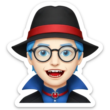 
vampire with blue hat,black coat with read collared ,teeth looks like vampire, with glasses sticker