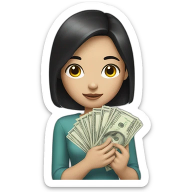 A girl who has black hair and white skin with money in her hands sticker