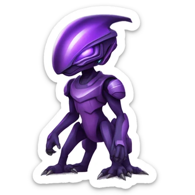 a black-purple Genesect-Raptor-Fakémon—hybrid with a futuristic visor-helmet full body sticker