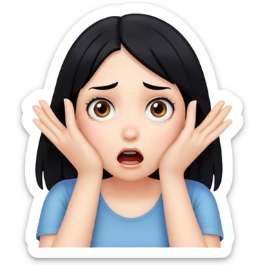 Shocked girl face with black hair and hands on face, big text saying "HELP" sticker