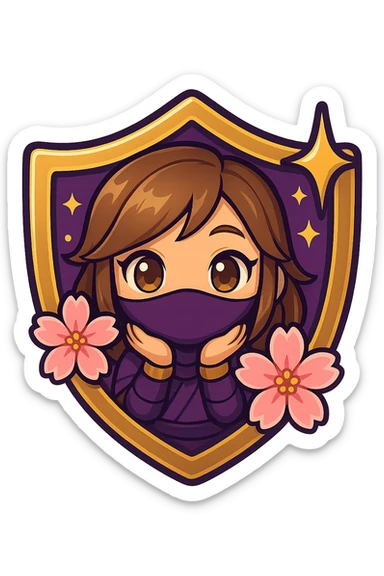 Edit the badge to have a deep purple color with gold accents for the Masters rank, keeping the same design of a chibi ninja girl, sakura flowers, sparkly effects, and badge shape. Maintain transparent background, sized for Twitch or Discord use. sticker