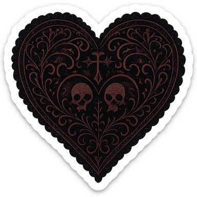 goth heart, black and deep red, ornate lace, subtle skull or cross motif, moody atmosphere, no background sticker