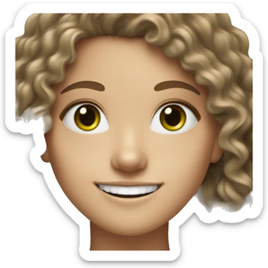 A white girl with Brown hair with green eyes curly hair and big smile  sticker
