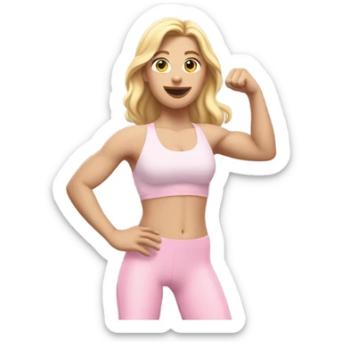 Woman, white skin, pale skin, long hair, blonde hair, wavy hair, baby pink sports bra, baby pink leggings, flexing one arm up sticker
