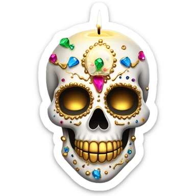 Realistic white sugar skull decorated with colorful rhinestones with a tall metallic gold candle on top of its head dripping down melted metallic gold wax down the skull sticker