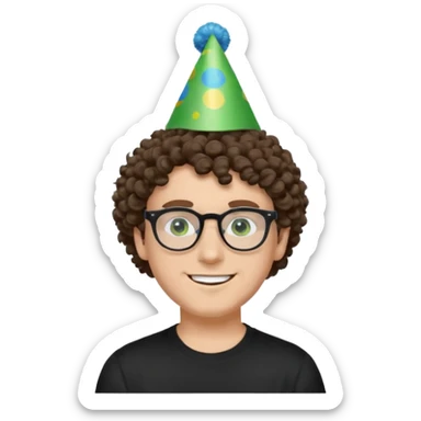 A white guy with curly brown hair and green eyes with a happy face, and wear square black glasses.He’s also got a full silver birthday party hat on his head with blue pom poms on top of it, and his T-shirt is all black, he wears a little gold circle earrings on his left  sticker