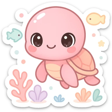 extremely cute underwater cartoon turtle, big round head, huge sparkling eyes, small smiling mouth, pink shiny skin, rosy cheeks, soft pastel colors, plastic toy-like texture, chibi style, surrounded by colorful fish and coral, gentle lighting, 3D-rendered, high detail, kawaii aesthetic sticker
