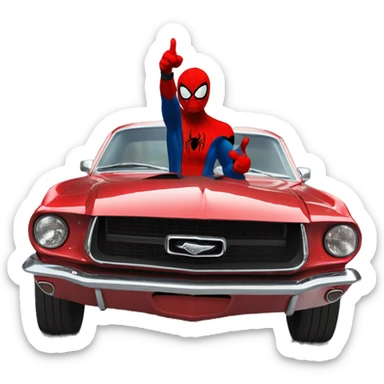 Spider-Man giving a thumbs up standing next to a 65 black Mustang fastback sticker