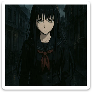 ultra-detailed anime girl with long straight black hair, sharp bangs, pale skin, amber green eyes, cold intense gaze, standing in the rain, cinematic lighting, wet dark school uniform, gloves, noir urban background, moody anime style, gothic shoujo, dramatic shadows sticker