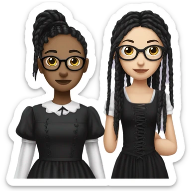 An emoji of a girl with long black braids, round glasses, and a gothic dress, standing next to her mother dressed in the same gothic style sticker