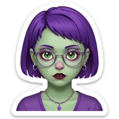 Una mujer zombie con perforacion en la nariz y perforación Madonna, lentes tipo ojo de gato, fleco pequeño y cabello largo morado oscuro  sticker