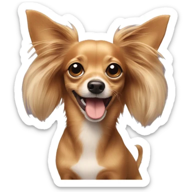 A dog that is a dachshund and long haired chihuahua mix winking with a little heart sticker