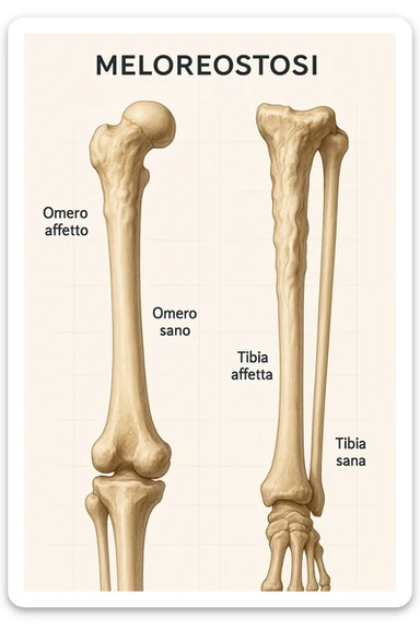 A highly realistic medical illustration focusing on a human arm and leg bones affected by melorheostosis. The bones appear visibly thickened, irregular, and larger than normal, with clear, layered bone growth resembling melted wax dripping down the side of the bones. The image shows a side-by-side comparison with a healthy bone for clarity, highlighting the difference in size and texture. The color palette includes neutral bone colors with subtle shading to show the abnormal contours and ridges. The background is clean and minimalistic, with faint anatomical grid lines for a scientific, educational feel. The overall mood is informative and precise, conveying the key visual characteristic of melorheostosis: progressive bone thickening that makes bones visibly larger and irregular. in italiano sticker