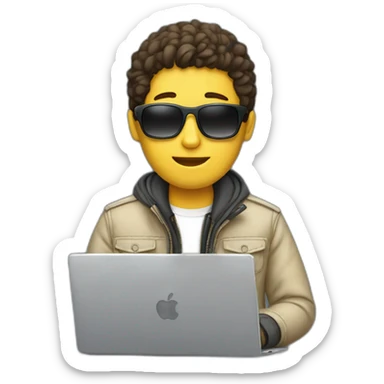 A boy wear a jacket and have sunglasses and white face and with laptop sticker