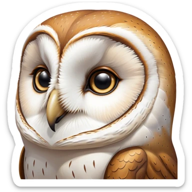 Cinematic Deep Thought Barn Owl Portrait Emoji, Head held high with a serene, contemplative gaze, showcasing its beautifully patterned plumage of white and brown, with eyes deeply focused as if pondering ancient secrets, Simplified yet majestically refined features, highly detailed, glowing with a soft, introspective light, high shine, poised and pensive, stylized with an air of profound wisdom, capturing the essence of an owl immersed in deep thought, so thoughtful it feels like it could silently whisper timeless wisdom from beyond the screen! sticker
