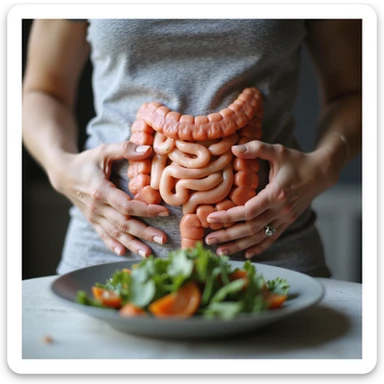adult woman, photorealistic, on a diet to fix intestines, painful expression, hands on abdomen, healthy food plate in front, visual focus on intestines highlighted or transparent, natural light, kitchen background sticker