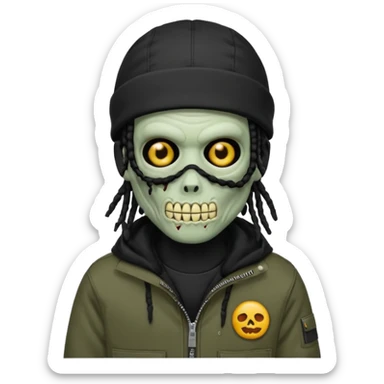 a zombie emoji with black dreads and a black carheartt jacket and black nike ski mask on his head sticker