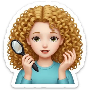 I want a girl with curly hair slowly brushing her hair and then it magically turns into straight hair then she gasps and moves her hair towards her ears gently. sticker