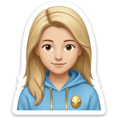 Caucasian female with oval face, straight brown-blonde mixed hair (more brown) with side part, serene smile, light blue sporty hoodie with gold and white fantasy details sticker