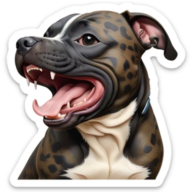 Cinematic Cute Yawning Black/Brindle Staffordshire Bull Terrier Portrait Emoji, Head tilted slightly with a dramatic, wide-open yawn, showcasing a smooth Fur with a striking black and brindle pattern, floppy ears slightly drooping, round dark eyes barely open in drowsy contentment, Simplified yet irresistibly adorable features, highly detailed, glowing with a soft, cozy glow, high shine, relaxed yet expressive, stylized with a touch of whimsy, bright and endearing, soft glowing outline, capturing the essence of a sleepy yet affectionate guardian, so drowsy it feels like it could stretch right out of the screen and curl up for a nap! sticker