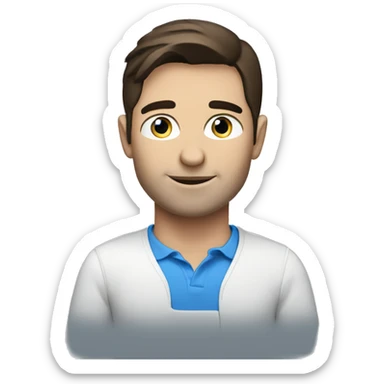 Blue eyes brunette man with laptop sticker