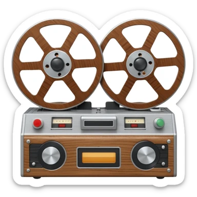 3D render of Reel-to-Reel, vintage 1980s audio equipment aesthetic, tactile analog buttons, silver metallic face with two large brown magnetic tape wheels, mixed wood grain and brushed aluminum textures, Apple emoji style, isolated on white background --v 6.0 sticker