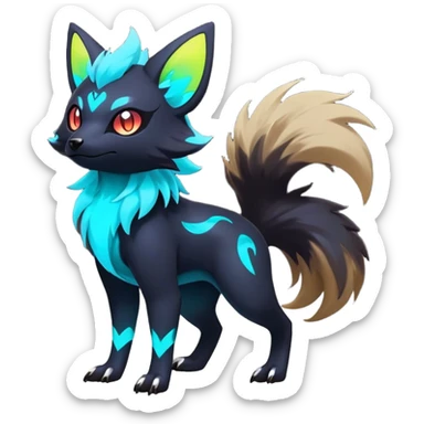 Rare realistic dark-neon glowing bioluminescent edgy badass epic pretty beautiful handsome gorgeous aesthetic colorful vibrant Vernid-Trico-Zorua-hybrid-species-Fakemon-creature by LiLaiRa, 4 legs, 1 tail, random markings, (full body) sticker