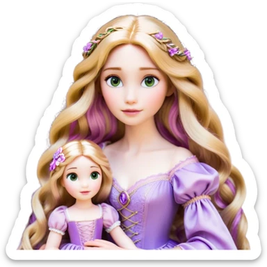 Cinematic Realistic Rapunzel Portrait, with porcelain-like skin featuring a subtle, natural glow, illuminated by soft lighting that brings out the gentle contours of her face. Her long, golden blonde hair cascades in detailed waves, each strand highlighted with a radiant shimmer as it catches the light. Her bright, expressive green eyes exude curiosity and warmth, framed by delicate lashes and soft, arched brows. Her expression is playful and vibrant, with a gentle smile. She is dressed in her classic lavender and pink gown, the fabric textured with delicate folds that flow naturally, catching the light with a soft, radiant glow. The portrait captures a luminous, enchanting aura, seamlessly blending realism with a whimsical, fairytale charm, evoking a timeless sense of beauty and magic. sticker