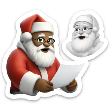 White Santa Claus is sitting on a desk, writing something down on a sheet of paper, solving complicated math puzzles sticker