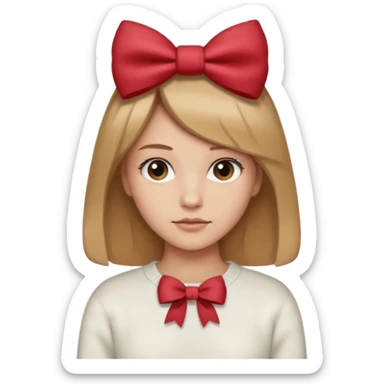 Pelo color marron claro acercándose a el rubio,suéter blanco con un moño marron, piel normal clara,y un mini moñito en la cabeza marron sticker