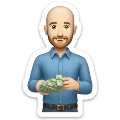 white male with small beard and almost bald  smart casual blue shirt holding money full profile sticker