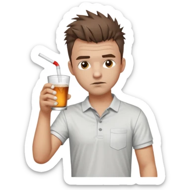 Handsome male.short messy brown hair.mowhawk hairstyle. wearing white golf shirt.grey shorts. Drinking shooter . Drunk. Remove straw sticker