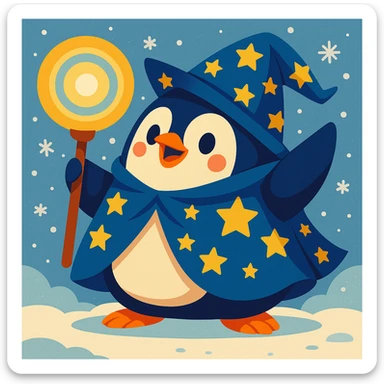 Add a snowy background to the chubby penguin wizard with a starry cloak and glowing orb, keeping the colorful and playful vibrant toon style. sticker
