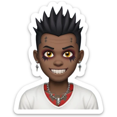 zombie boy with spiky emo black hair and white shirt , tattos, a risk on the eyebrow, earings,  a necklace emoji, with grills in his mouth and he’s smiling, change skin color to darkskin sticker