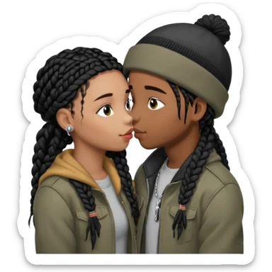 The girl and boy kissing emoji but the girl is a brown skin girl with black braids and has cute lashes, and lipgloss, and the boy is a brown skin boy with brown dreads, a black beanie, and a grey jacket sticker