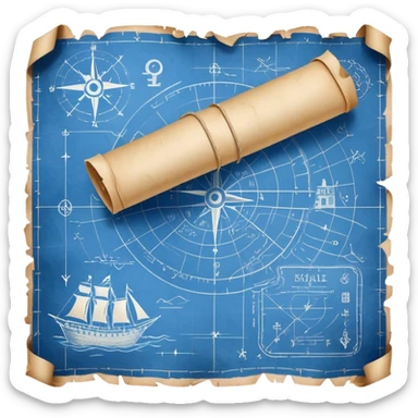 blue blueprint plan with white drawings like a treasure map sticker